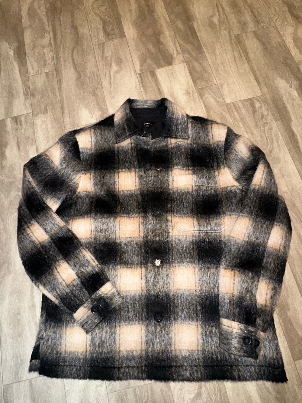 Express Black and Beige Plaid Wool-Blend Jacket
